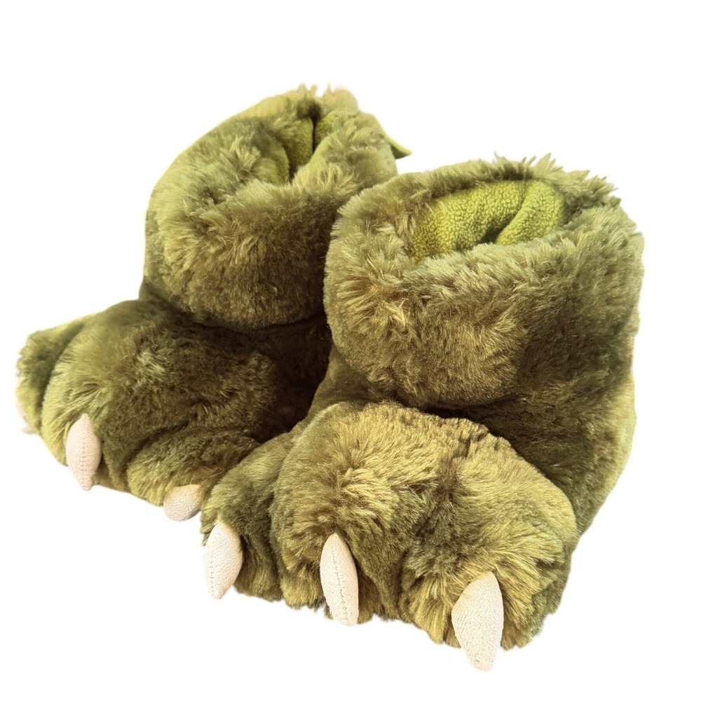 LazyOne Kids Monster Paw Slippers S Green Fuzzy‎ Dinosaur Claw Bear Feet Cozy